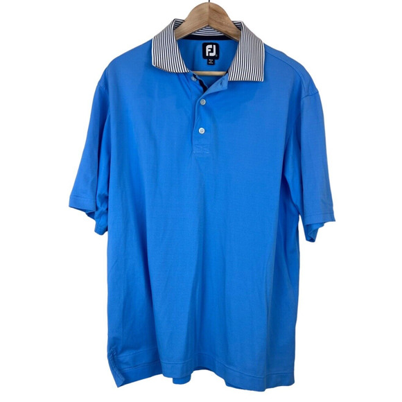 Footjoy FJ Polo Shirt Men’s L Large Blue Striped Collar Performance Stretch‎ - Picture 1 of 4